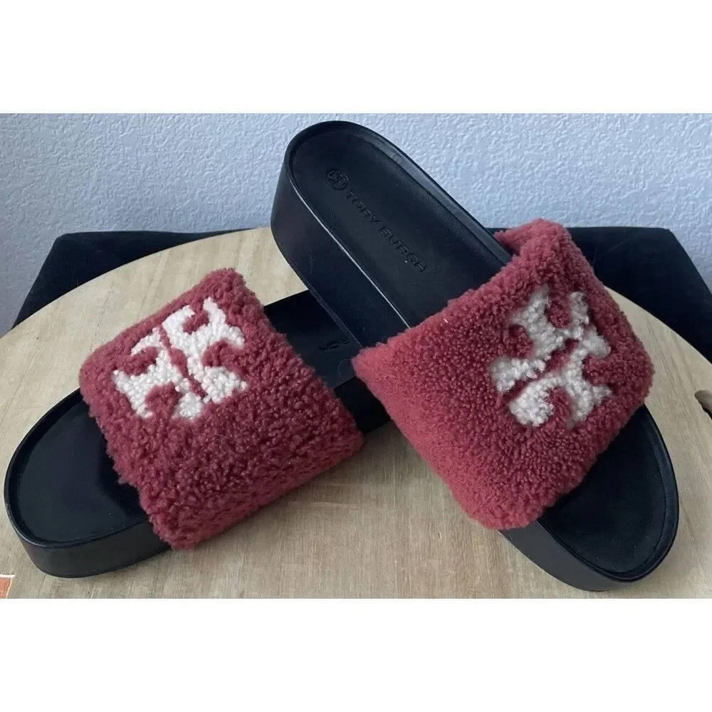 NEW Tory Burch Double T Fuzzy Shearling Platform Slides Sandals Slippers Sz 10